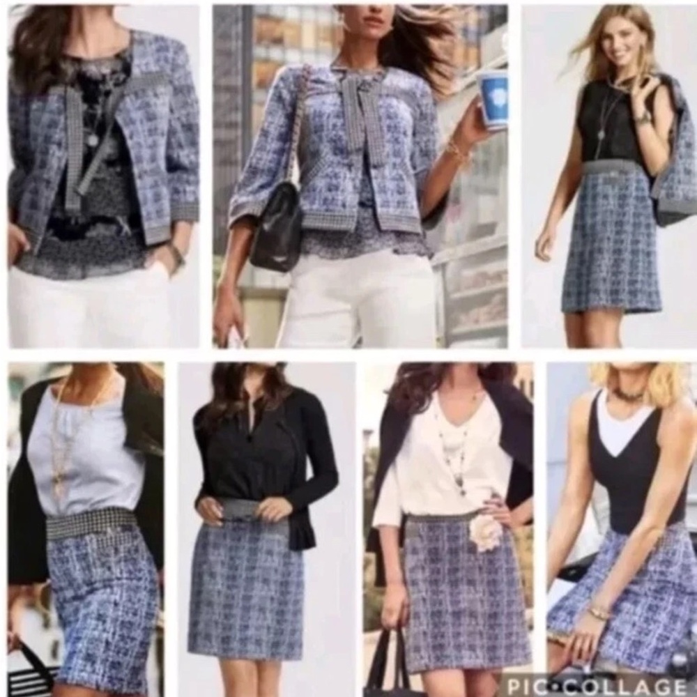 CAbi Reina 21 Club Suit Set Jacket Small & Skirt Size 2 Blue Black Tweed Set
